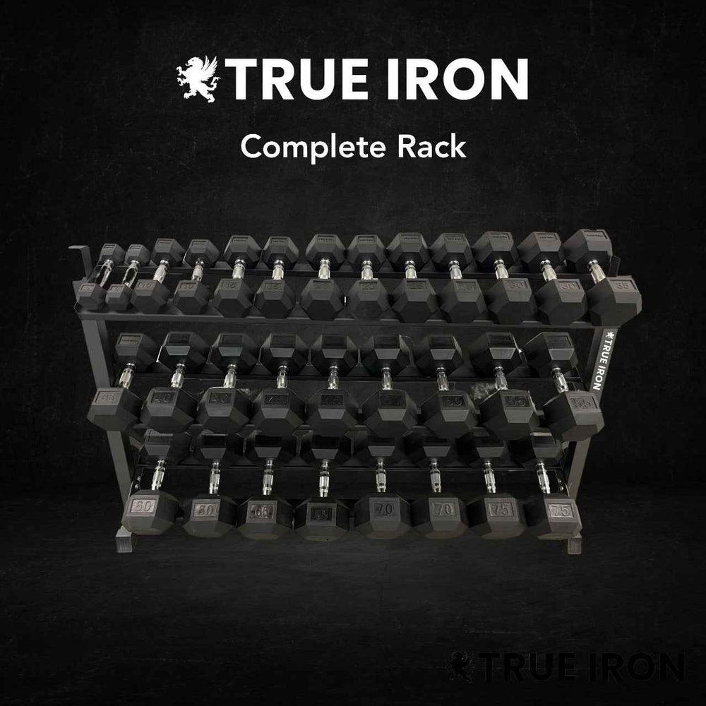 True Iron Fitness 5-100 Rubber Hex Dumbbell Set With Rack