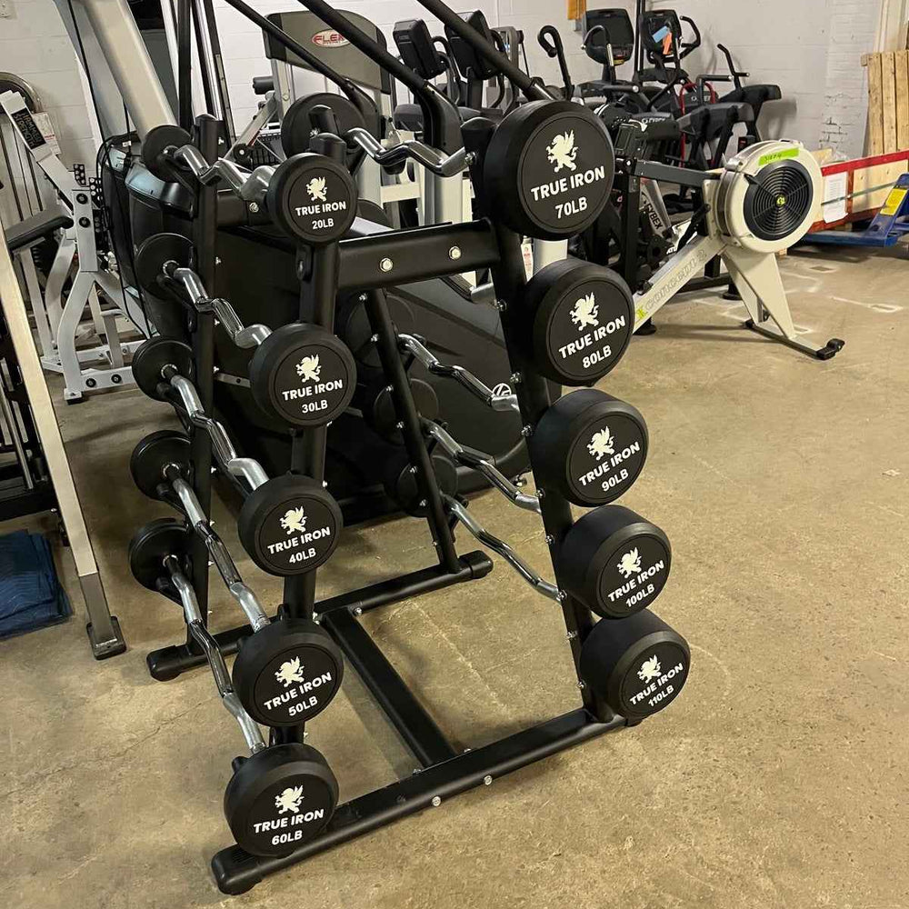 True Iron Rubber Fixed Barbell Set 20-110 with Rack!