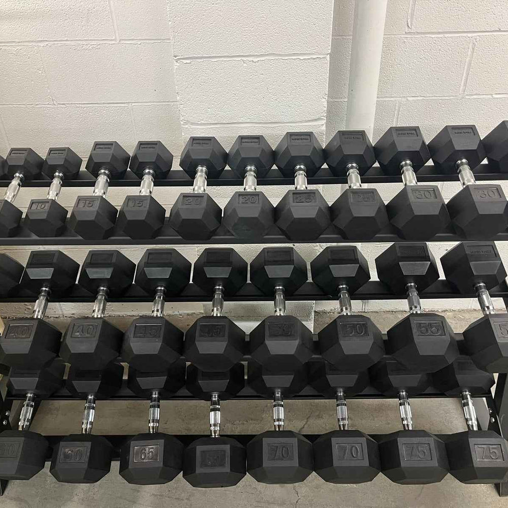 True Iron Fitness 5-100 Rubber Hex Dumbbell Set With Rack