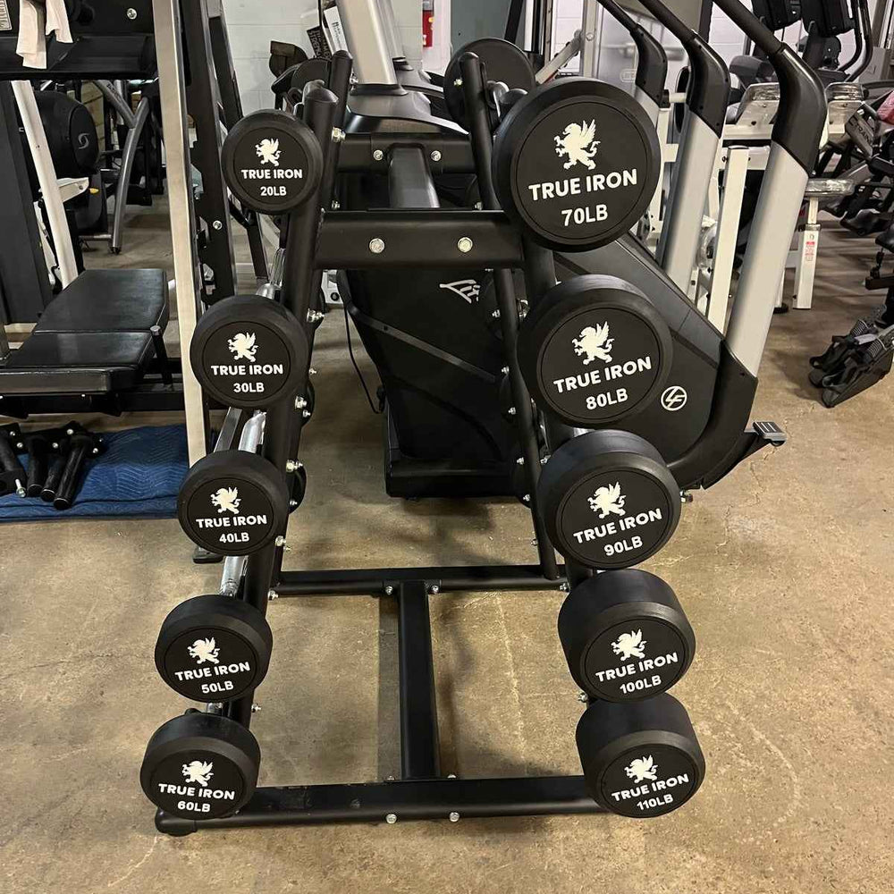 True Iron Rubber Fixed Barbell Set 20-110 with Rack!