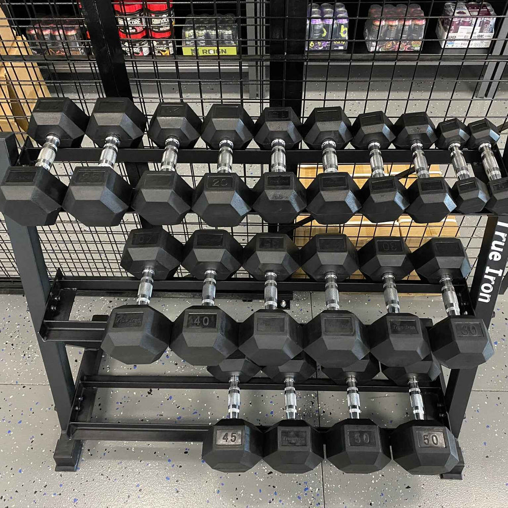 True Iron Rubber Hex Dumbbell Sets 5-50 with Rack!