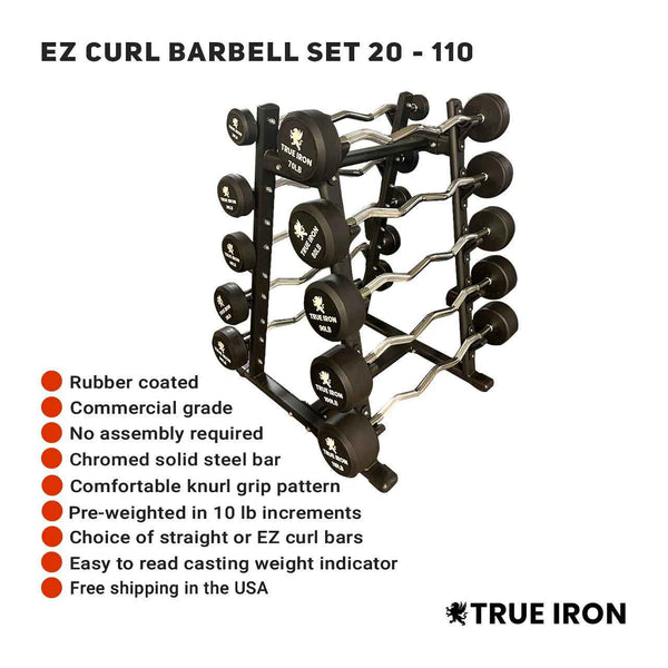 True Iron Rubber Fixed Barbell Set 20-110 with Rack!