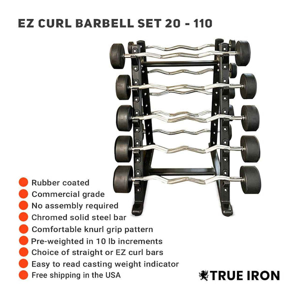 True Iron Rubber Fixed Barbell Set 20-110 with Rack!