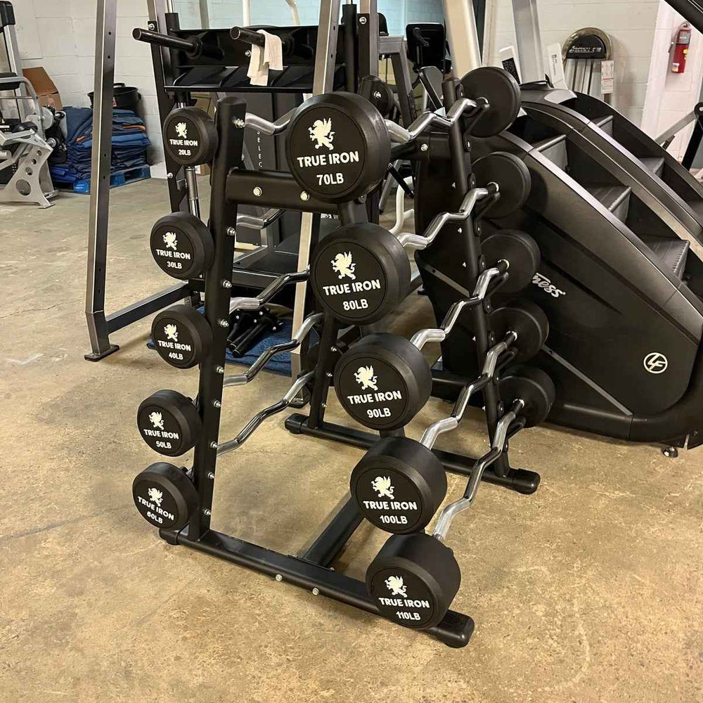 True Iron Rubber Fixed Barbell Set 20-110 with Rack!