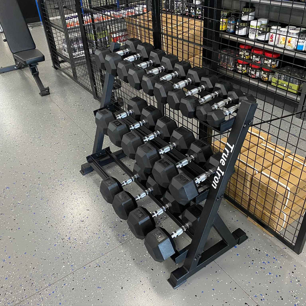True Iron Rubber Hex Dumbbell Sets 5-50 with Rack!