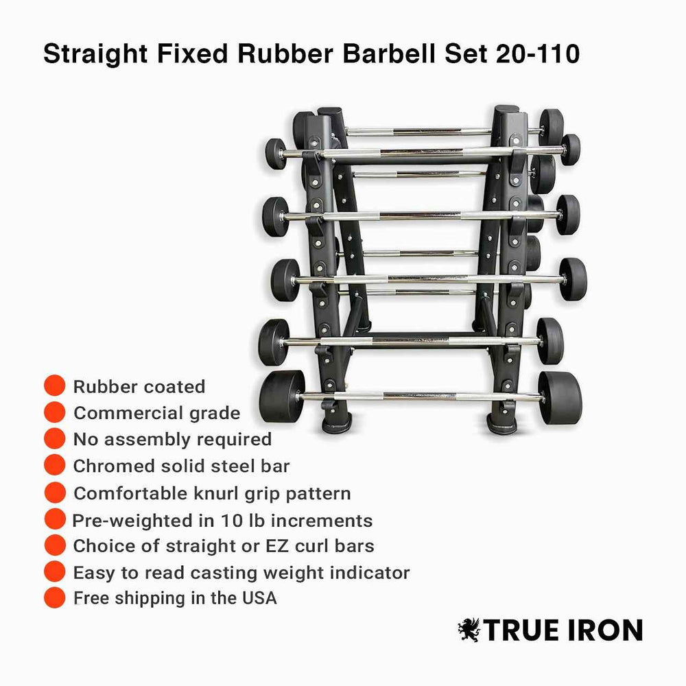 True Iron Rubber Fixed Barbell Set 20-110 with Rack!