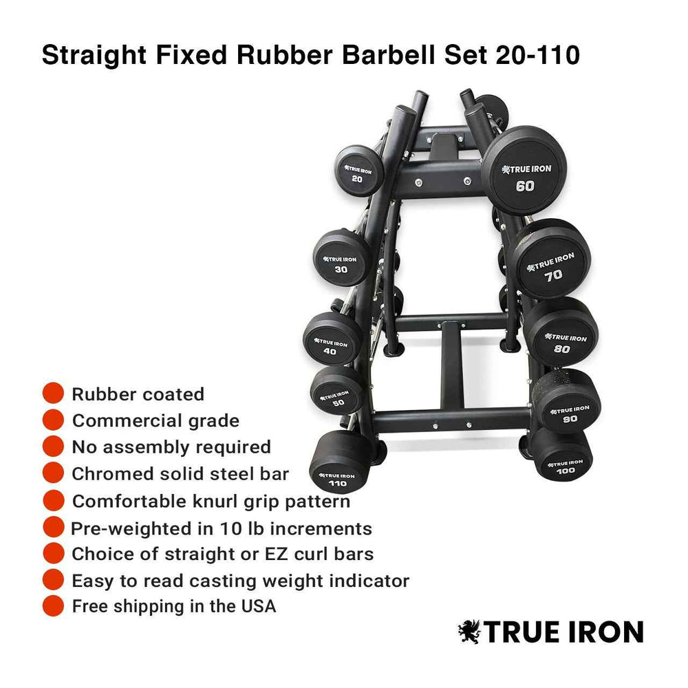True Iron Rubber Fixed Barbell Set 20-110 with Rack!