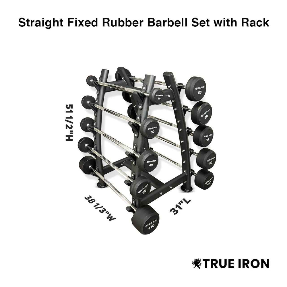 True Iron Rubber Fixed Barbell Set 20-110 with Rack!
