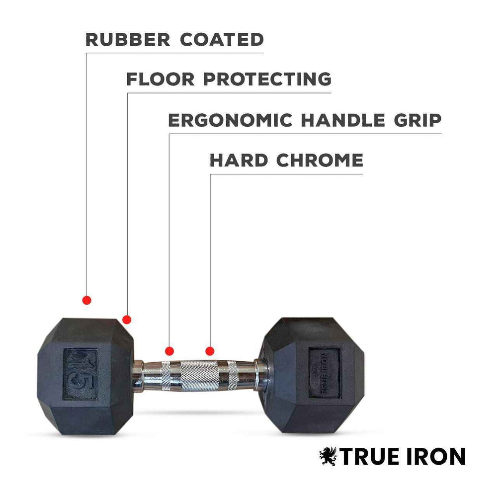 True Iron Rubber Hex Dumbbell Sets 5-50 with Rack!