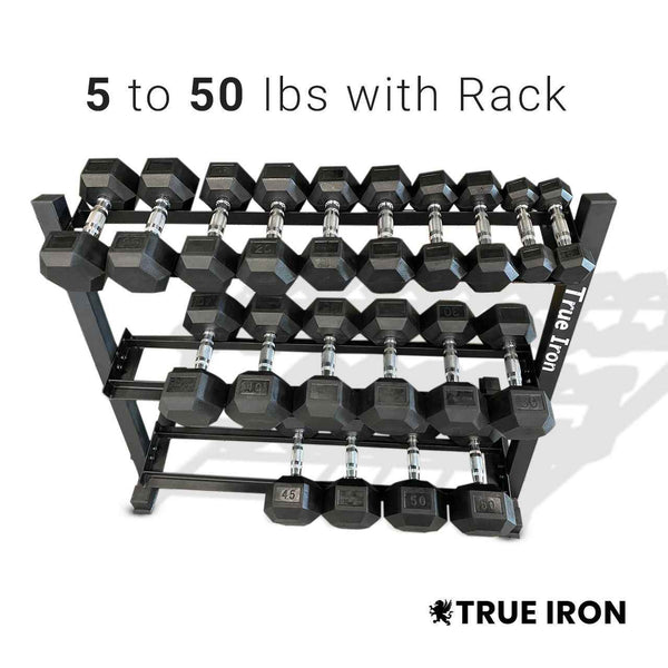 True Iron Rubber Hex Dumbbell Sets 5-50 with Rack!