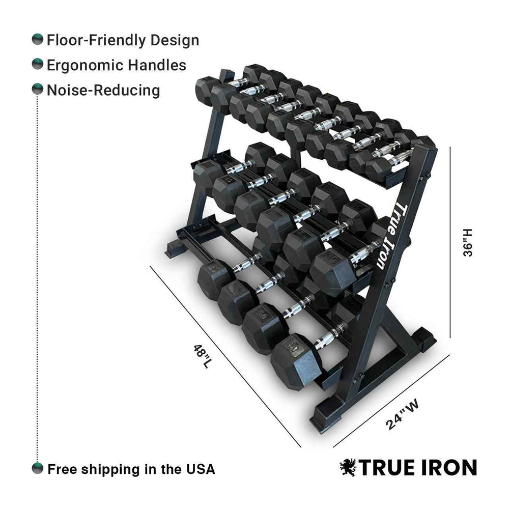 True Iron Rubber Hex Dumbbell Sets 5-50 with Rack!