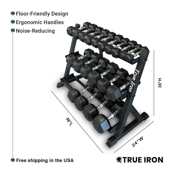 True Iron Rubber Hex Dumbbell Sets 5-50 with Rack!