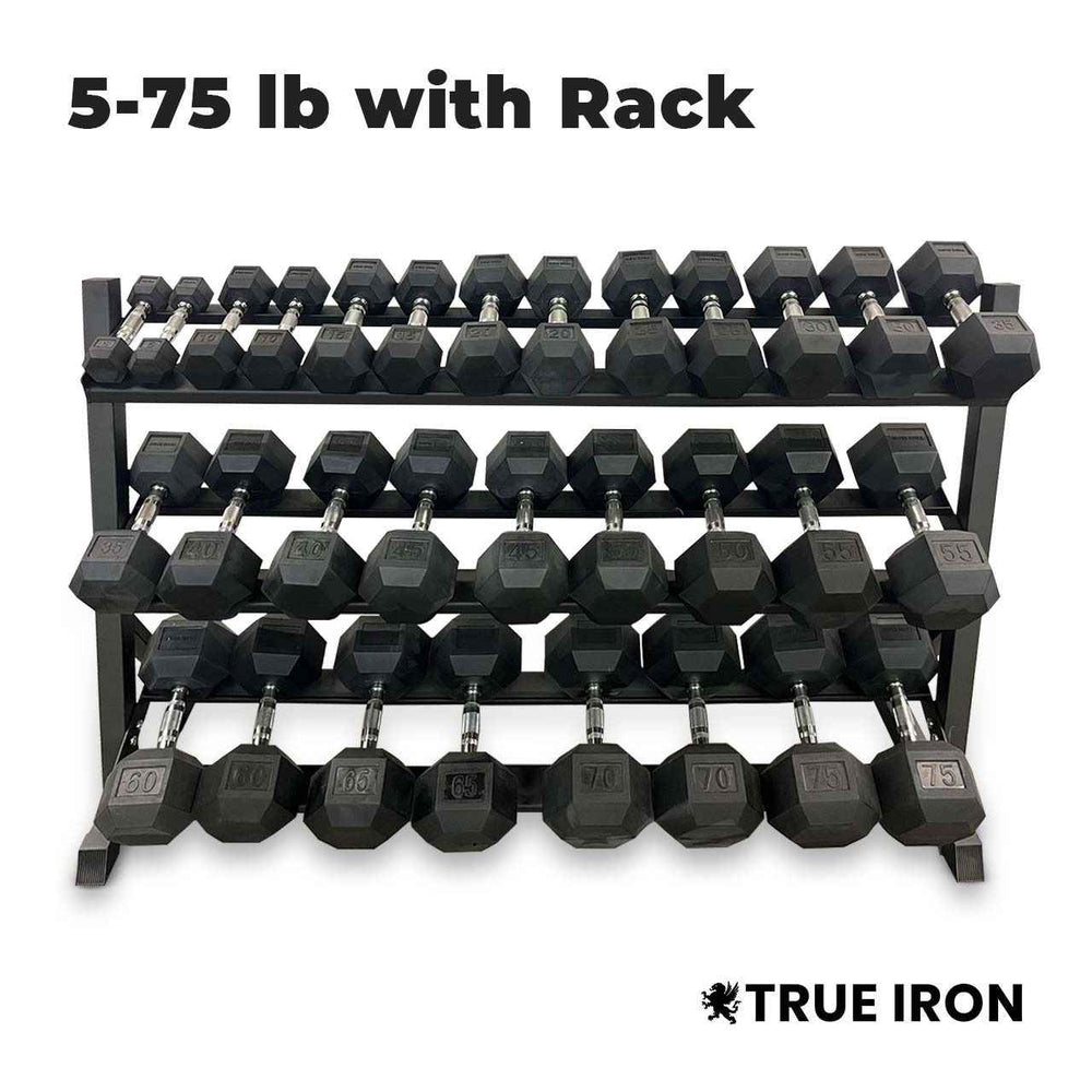 True Iron Rubber Hex Dumbbells Sets 5-75 With Rack!