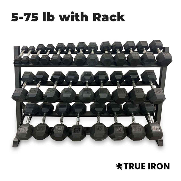 True Iron Rubber Hex Dumbbells Sets 5-75 With Rack!