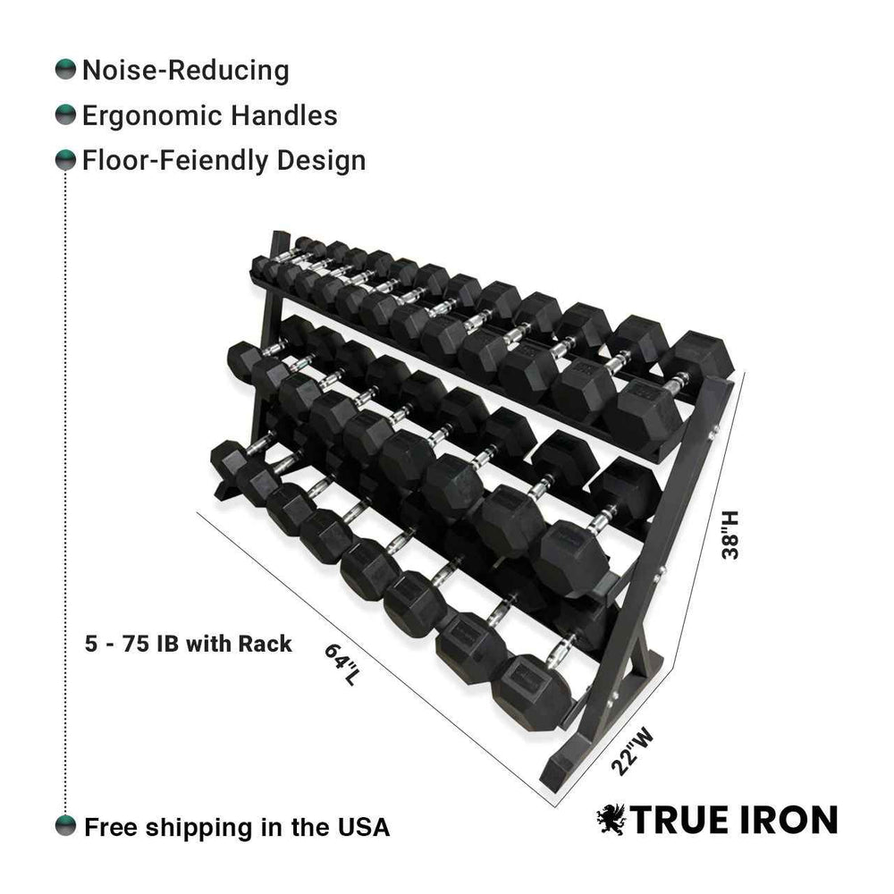 True Iron Rubber Hex Dumbbells Sets 5-75 With Rack!