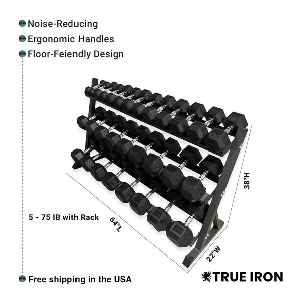 True Iron Rubber Hex Dumbbells Sets 5-75 With Rack!