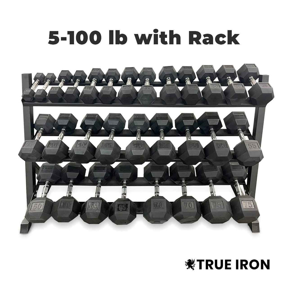 True Iron Fitness 5-100 Rubber Hex Dumbbell Set With Rack