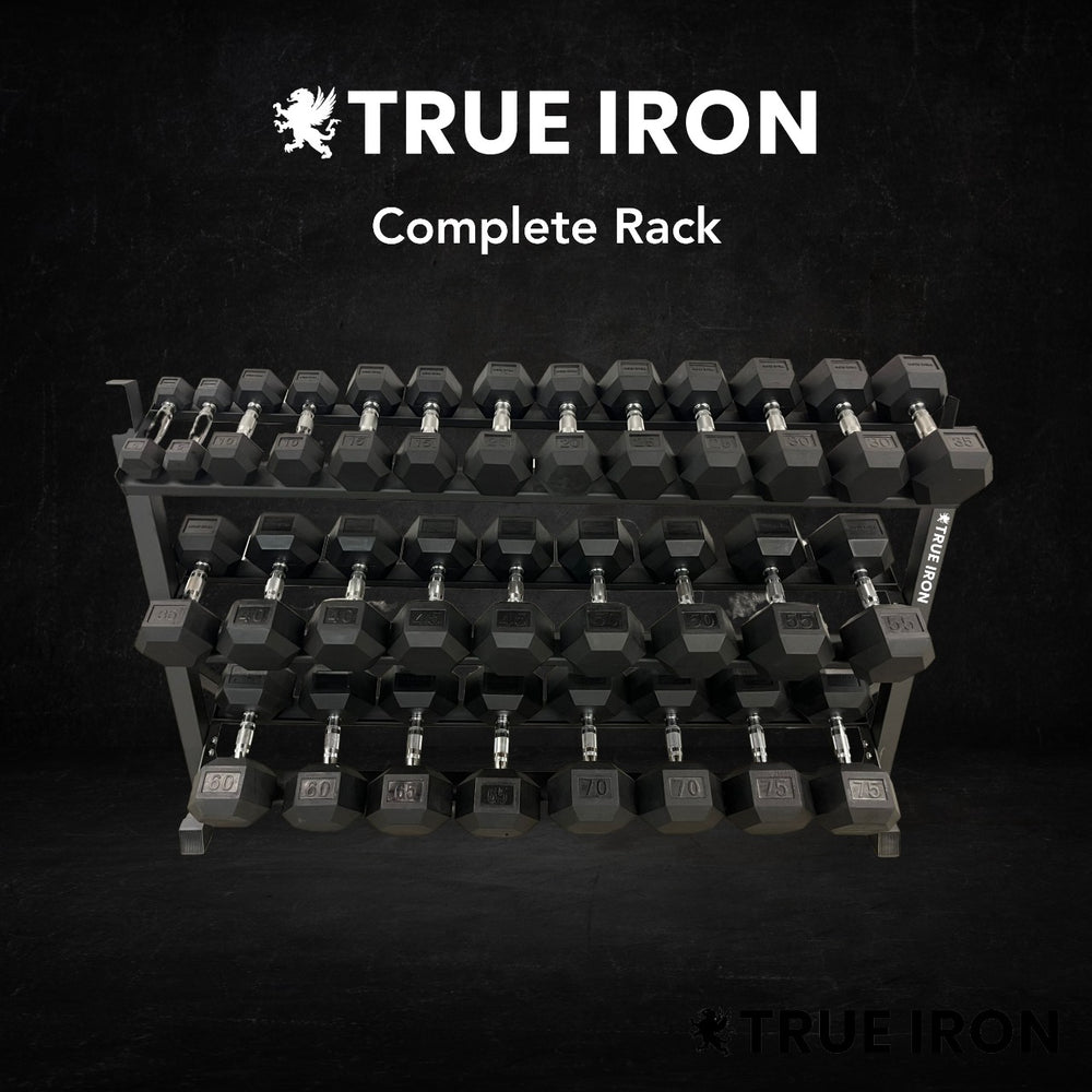 True Iron Fitness 5-100 Rubber Hex Dumbbell Set With Rack