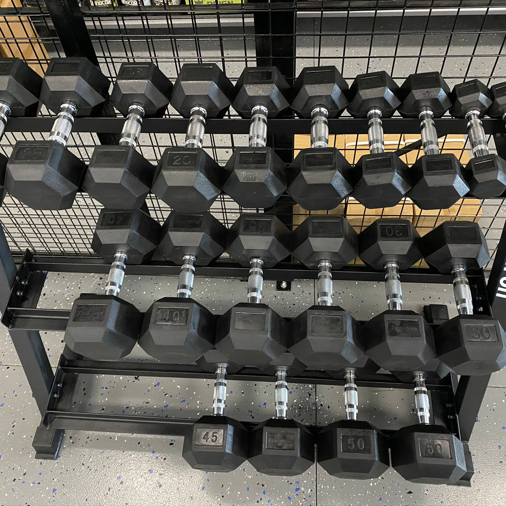 True Iron Rubber Hex Dumbbell Sets 5-50 with Rack!