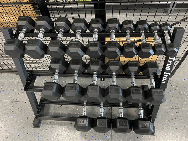True Iron Rubber Hex Dumbbell Sets 5-50 with Rack!