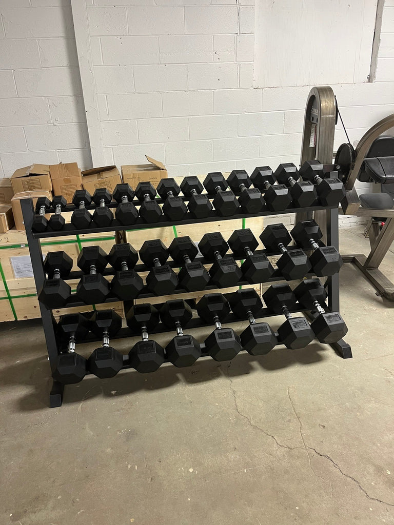 Hex dumbbell set online with rack flash sale