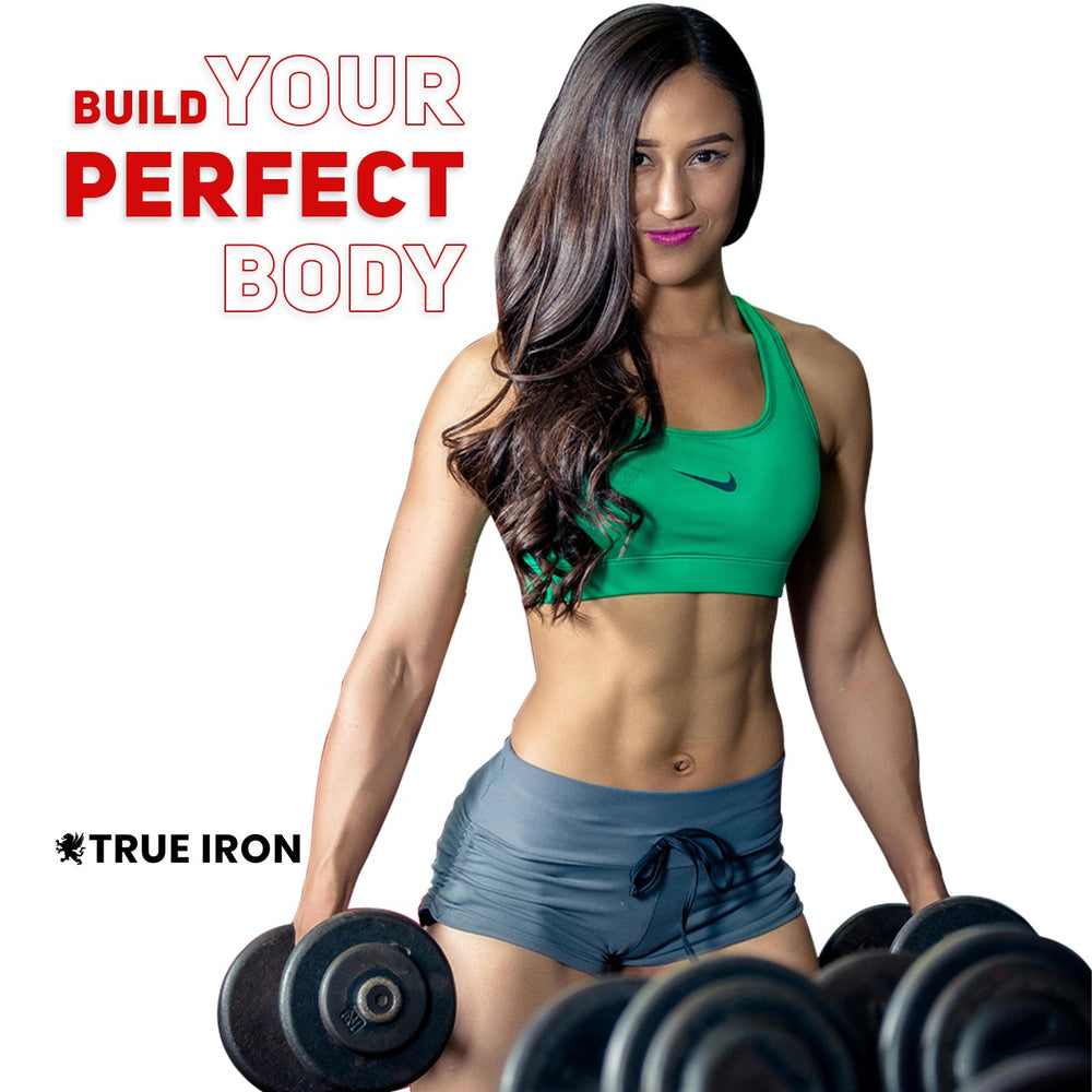 picture of a body builder young lady holding true iron fitness dumbbell sets