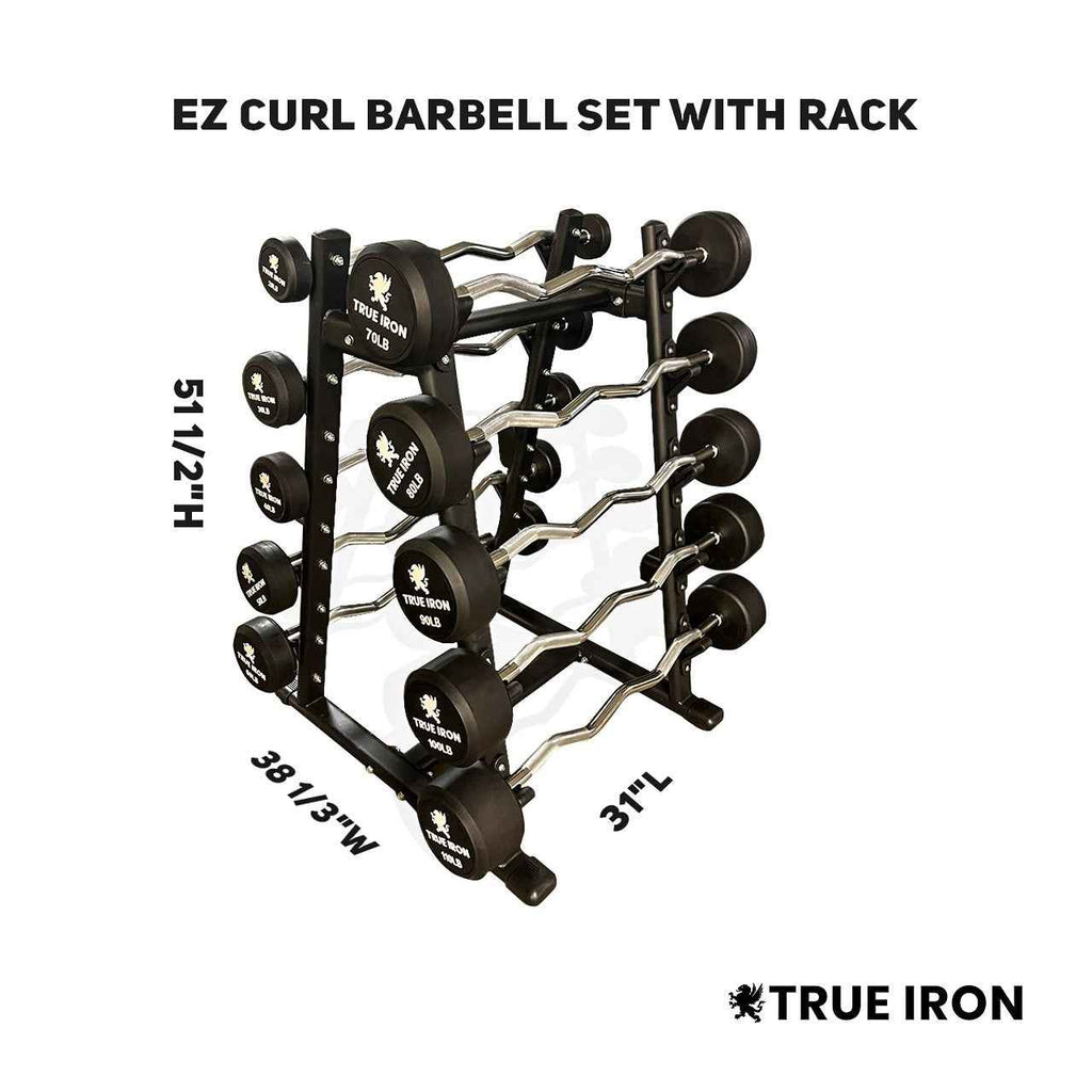 True Iron Fitness 20-110 lb Rubber Fixed Barbell Set with Rack