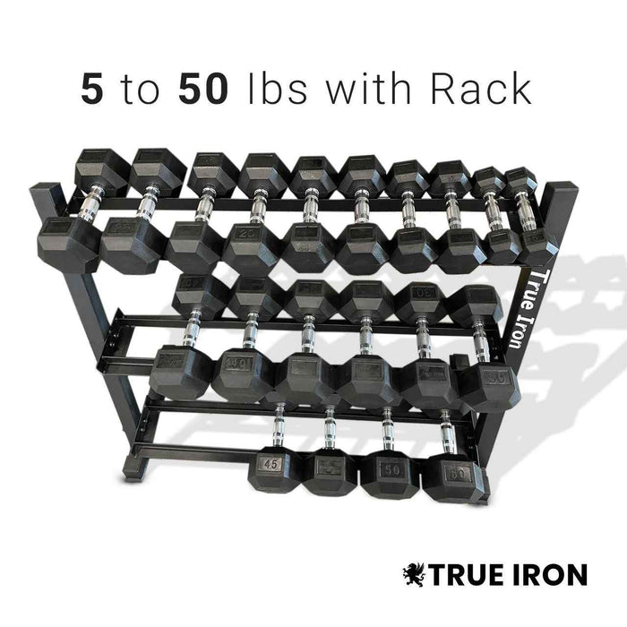 True Iron Rubber Hex Dumbbell Sets 5-50 with Rack!