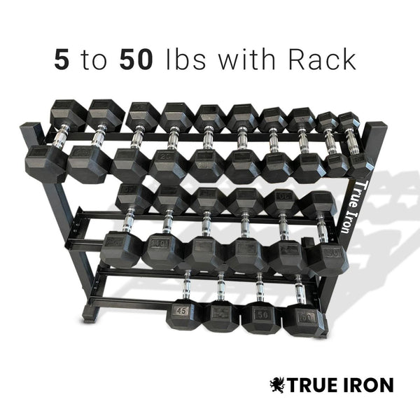 True Iron Rubber Hex Dumbbell Sets 5-50 With Rack!