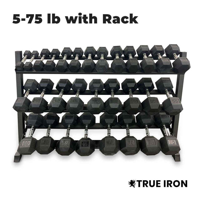 5-75 rubber hex dumbbell set with rack