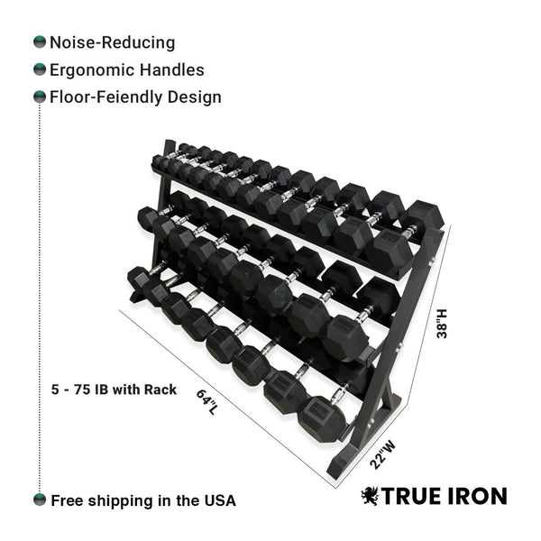 rubber hex dumbbell set 5-75 with rack - diagram of dimension specification the dumbbell set