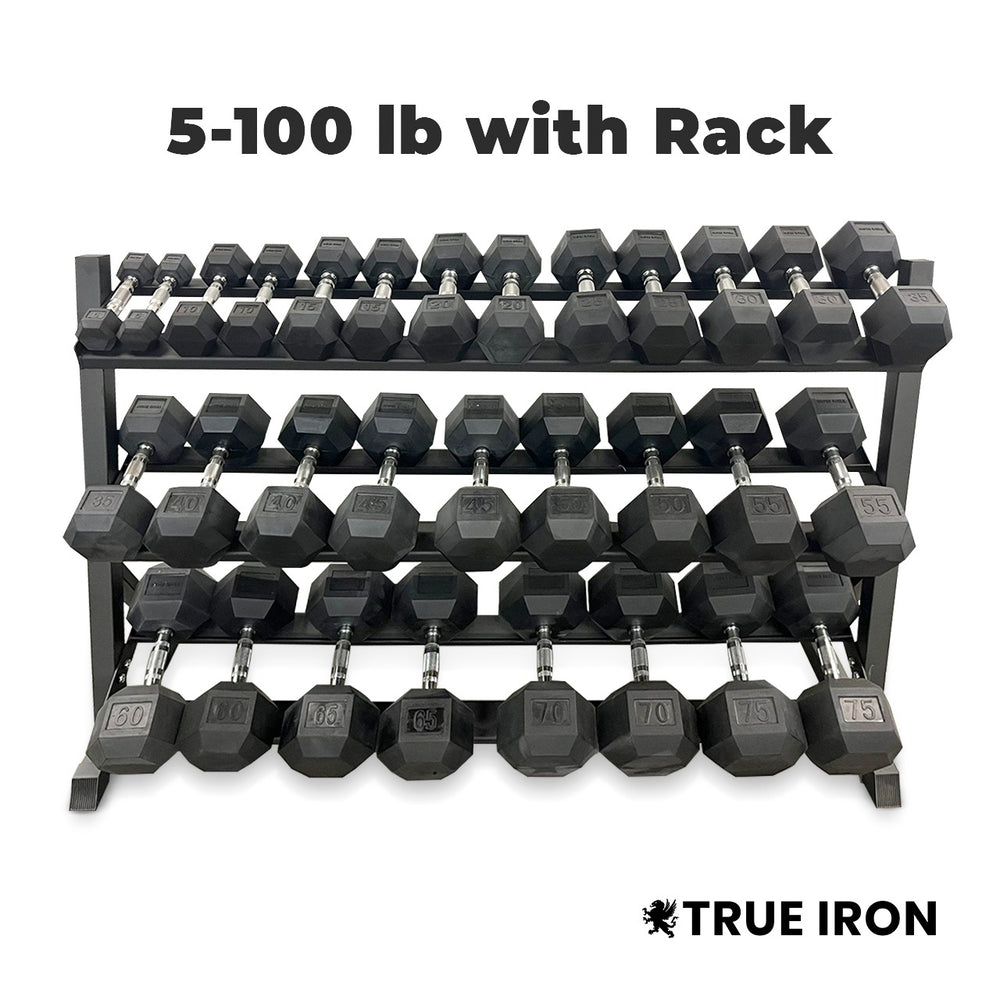 5-100 Rubber Hex Dumbbell Set With Rack