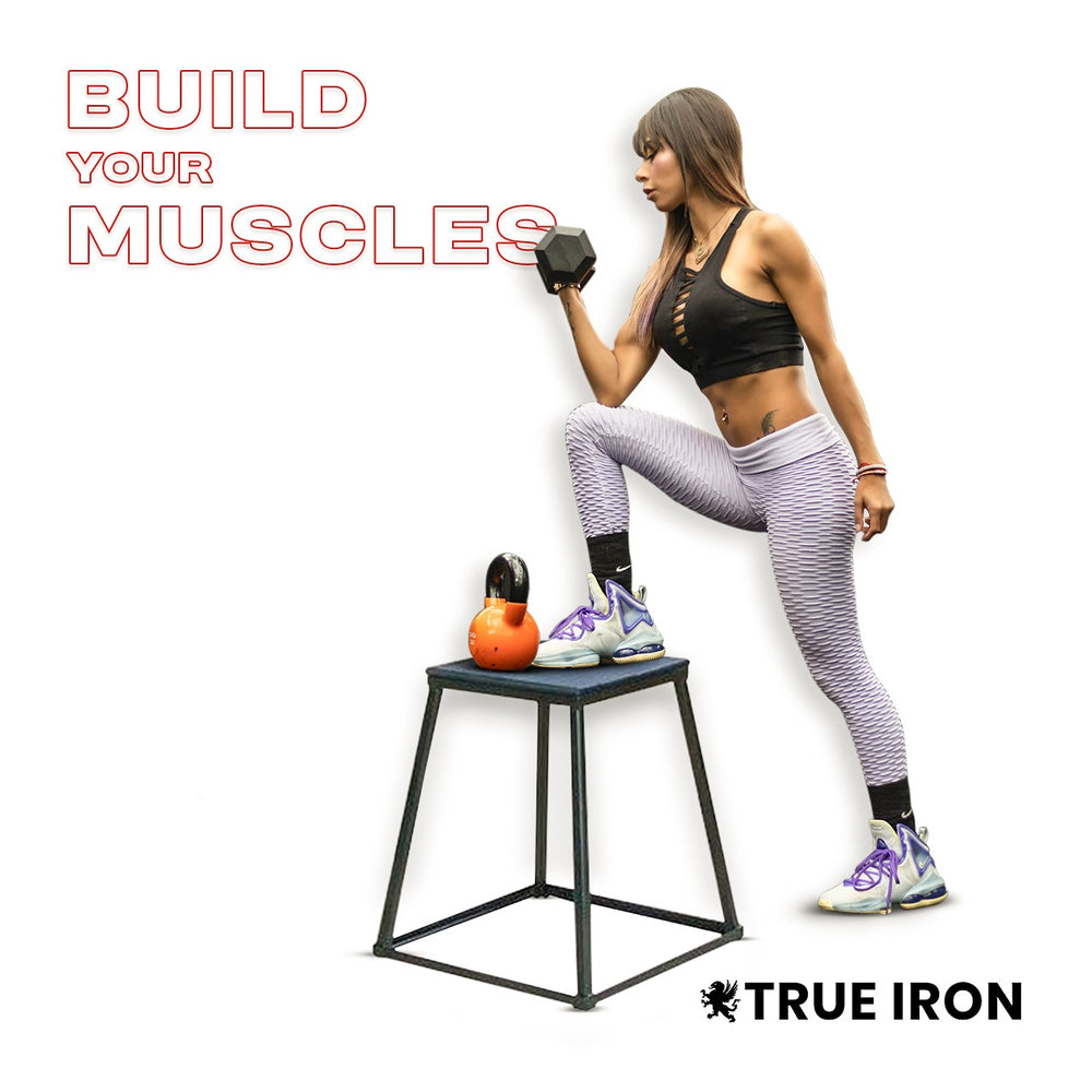 Lady showing her built muscle achieved through dumbbell training